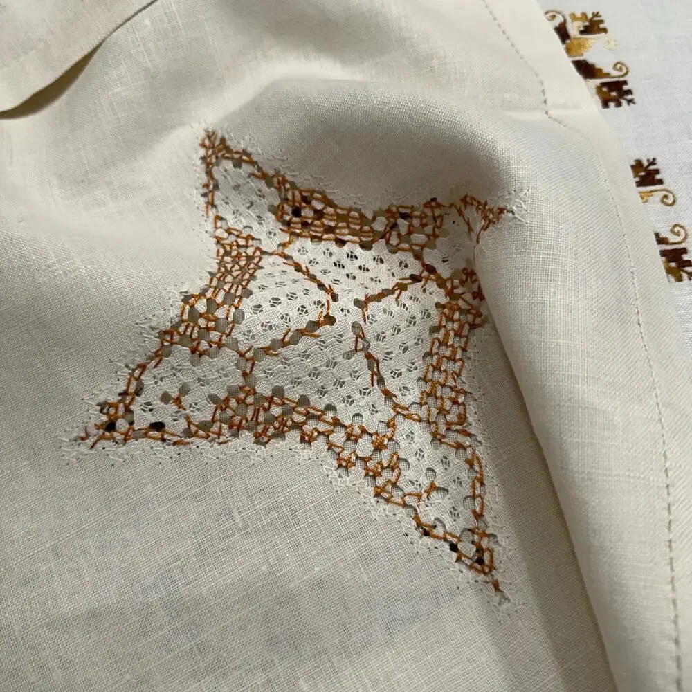 Vintage Hand-Stitched Irish Linen Tablecloth Cream Gold 63